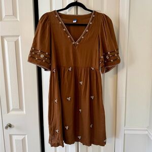 Rust Embroidered Linen Blend Dress with Bell Sleeves and Pockets